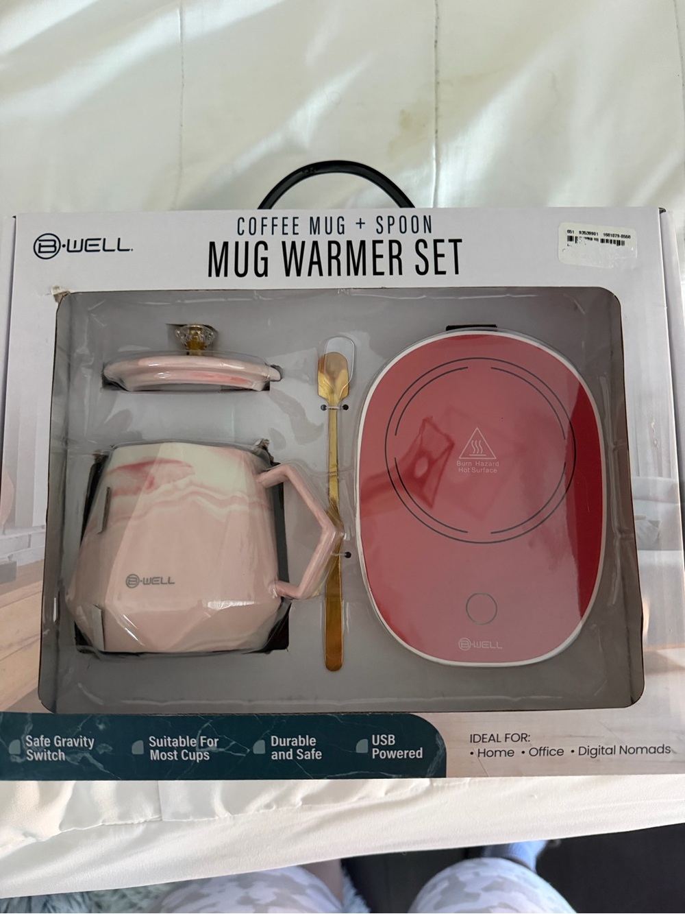 B-Well Pink Mug Warmer Set with Ceramic Mug, Lid and Gold Spoon